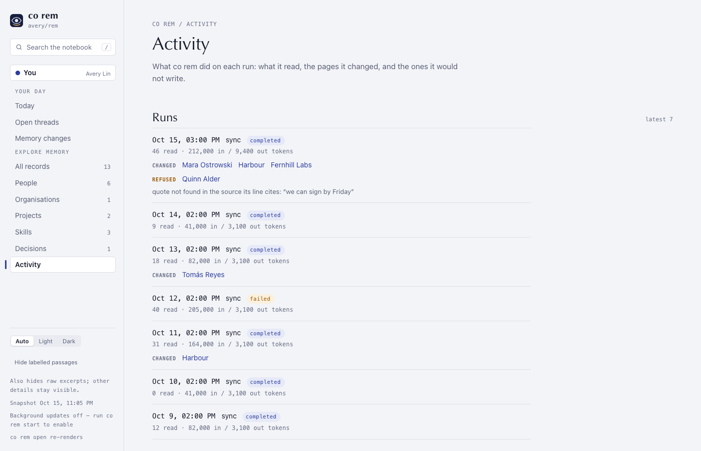 1.9.3b5: one Activity view with each run's changes and refusals